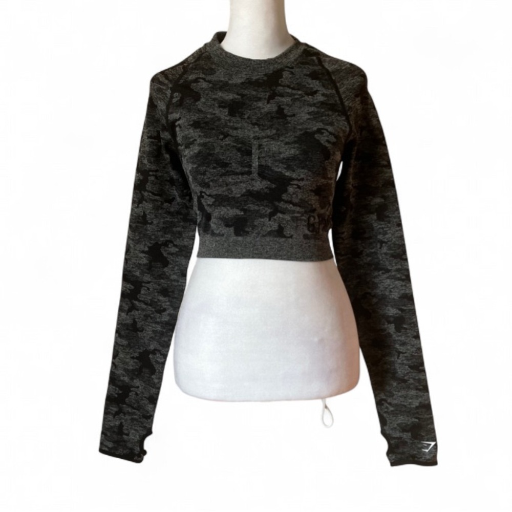 Gymshark Adapt Camo Seamless Long Sleeve Black & Gray Crop Top size Medium - Picture 3 of 9